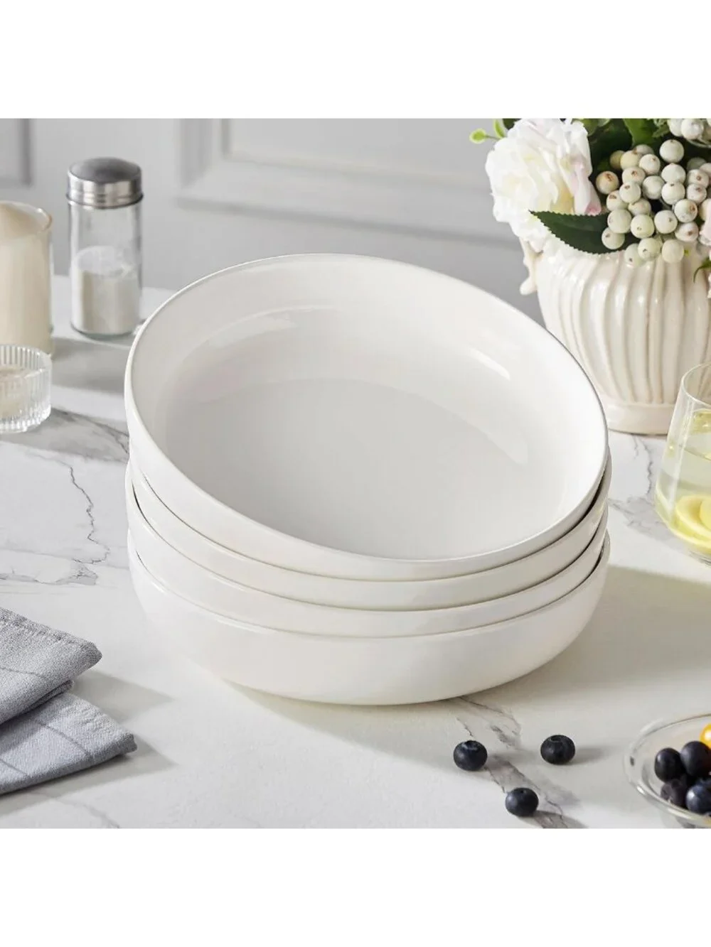 Set of 4 White Ceramic Pasta Bowls - 48 Oz, Microwave & Dishwasher Safe